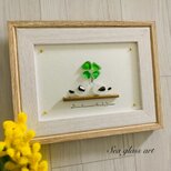 シーグラスアート シマエナガペア 四葉のクローバー インテリア雑貨 置物 観葉植物  北欧ガラス細工 贈り物 プレゼント