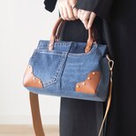 【人気再販】リサイクルジーンズｘレザー ユニークなボストンバッグ SDGs 2WAYショルダーバッグ