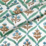 インド ブロックプリント生地 [40cm単位切り売り] クラシカルフラワーブルーXグリーン ファブリック 花 IF0175