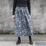 ボタニカル柄 綿麻ギャザースカート（ ネイビー ）リネン 麻 ロング マキシ ポケットの画像