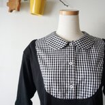 付け襟長袖カットソー(黒ギンガムチェック柄丸襟)