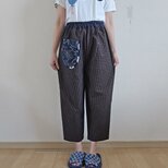 着物リメイク　手作り　縞木綿　シンプル　パンツの画像