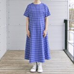 国産コットン＊爽やかウィンドウペンチェックのフレアワンピース（オックスフォード生地・青×白チェック）受注製作の画像