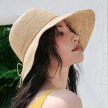 ラフィアハット、ツバ広麦わら帽子 夏用 畳める 大人 ストローハット、ミディアムブリム 日よけ・UV対策 サイズ調節可能の画像