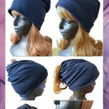 ハンドメイド　3wayスワール帽　帽子　ネイビー綿ニットの画像