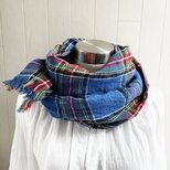 東炊き リネンのストール　タータンチェック　ブルー系