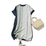 夏の定番ワンピース 配色ワンピース　リネン100％　半袖ワンピース　250705-1の画像