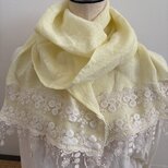 ハンドメイド☆ロングストールフレンチリネンイエロー花刺繍レースフリンジレース生成りの画像