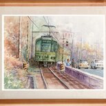 水彩画原画　江ノ電と海岸通り　＃673の画像