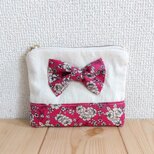 リボン　ミニ12cm☆撥水加工の花柄小さめフラットポーチ　生成帆布×マゼンタピンク　918の画像