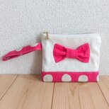 ミニ12cm☆持ち手付きの小さめフラットポーチ　生成帆布×マゼンタピンク　水玉/ドット　　920の画像