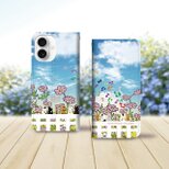 iPhone専用 手帳型スマホケース （カメラ穴あり/はめ込み式/スタンド機能付き）【ほのぼのにゃんこ（手書き風コスモス）】