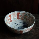 花とリーフ◆獅子が可愛い　伊万里　花文赤絵金彩八寸大鉢　骨董/antiques　明治時代　鳳凰　風景