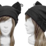 ◇注文制作◇　リボン飾り付 猫耳帽子◆変り織コットンニット／ブラック　◇小顔効果・長いシーズン着用◇