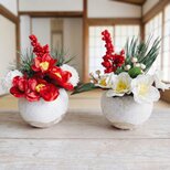 寒椿の和風ポット　お正月　しめ飾り　しめ縄　フラワーアレンジ　インテリアフラワー