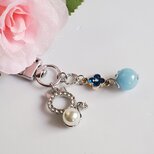 天然石 アクアマリン×猫×クローバー キーホルダー チャーム ストラップ イヤホンジャック お守り 可愛い おしゃれ