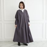 【着丈調整可能】体型カバー 身幅ゆったり コットン キーネック 長袖 ワンピース　レトロパープル　0762R.Pp