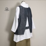 【厚手リネン】三角スリットベスト◆デニム調ネイビー◆フリーサイズ（15番手、リネン100％）～ベスト・ジレ～