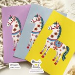 ⭐️2点売れました《幸せを運ぶ馬》☘️2026 午年 ダーラナホース 可愛い 北欧 イラスト ポストカード 3枚 ハガキ