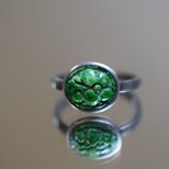 RG10-135 手作り 一点物 シルバー ミャンマー産 A貨 本翡翠 干青 指輪 フリーサイズ 彫り花