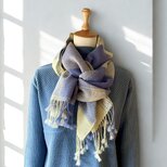 【受注制作】再販　ベビーアルパカ手織りロングストール（クリーム×ブルー×ベージュ）