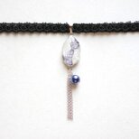 【受注製作】レジンアート　スライスアゲートとタティングレースとベルベットリボンのチョーカー〈凍蝶〉