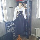 【背中がかわいい】マキシ：エプロンドレス：ブラック×リネン【1026】