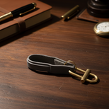 真鍮×ヌメ革 スライドロック式キーホルダー｜真鍮二重カン20mm付／名入れ・ロゴ刻印可　グレー