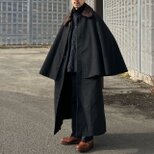 1920〜30年代 ジャパンヴィンテージ 二重廻しトンビマント ブラックウール 毛皮襟付き インバネスコート