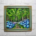 油絵【梅雨の紫陽花の道】
