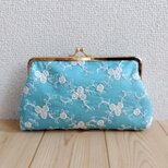 薔薇柄刺繍　お薬手帳・通帳ケース・がま口大きめポーチ　17cm口金　アクアターコイズ　548