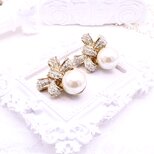 【アメリカ買付】リボン × パール クリップイヤリング＊Vintage Ribbon Pearl Elegance 1980s