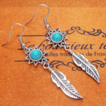 シルバーカラー フェザーとひまわりのモチーフを繋げたコンパクトなピアス ターコイズ イヤリング・サージカル変更可
