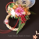 2026年★ピンクのダリアとコットンボールのお正月飾り　しめ飾り　お正月飾り　しめ縄飾り　ダリア　ラッピング無料　つまみ細工　