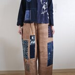 着物リメイク　のぼり　柿渋染め　絣　型染め　パッチワーク　パンツ