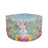 インド刺繍リボン50cm切り売り 花園の白うさぎ ブルー地 6.7cm幅 HC ラビット バニー 兎 R-0831