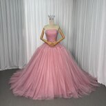 カラードレス ローズピンク ベアトップ チュールスカート プリンセスライン 編み上げ 披露宴