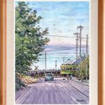 水彩画原画　鎌倉プリンスホテル前踏切と七里ガ浜の海　＃708