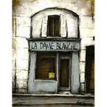 風景画　パリ　油絵「パリの小さな中古レコード店」