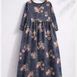 綿麻ワンピース リネン 長袖 花柄 ロングドレス レディス 春 ローズ 大人カジュアル ギフト バラ コットン  綿  通勤通学
