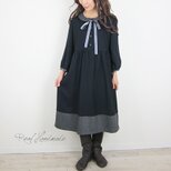 [予約販売]　ウールネイビーグレー2WAYフラットカラーワンピース