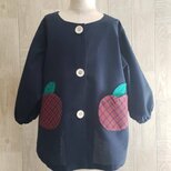 【80～160】りんごポケット レッド チェック ネイビー 前ボタン 長袖スモック 着丈延長可