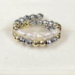 本真珠とヘマタイトのリング（フリーサイズ、淡水パール、ナチュラルカラー、ホワイト、セミバロック、形状記憶ワイヤー）