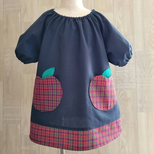 【80～160】りんごポケット レッド チェック ネイビー 半袖スモック 裾切替 袖口ゴム入り 着丈延長可