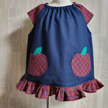 【80～160】りんごポケット レッド チェック ネイビー 裾フリル 半袖スモック ショート袖 袖柄生地 着丈延長可