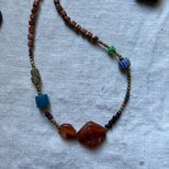 ＊happy price＊古の取り留めのないネックレス@古いカーネリアン＋真鍮スクエアビーズ＋ボーキサイト＋古いビーズいろいろ