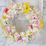 オーダー　raさま　水仙とピンクのダイアモンドリリー　リース：春　ピンク　白　黄
