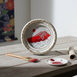 油彩画 円形ミニ絵画「赤富士」 銀の空と白い雲