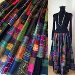 絵画なパッチワーク♥Dark green&Plum♥ボリュームギャザースカート♥マキシ丈