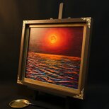 一点物 油絵 原画「朱色の満月と蒼き波」幻想的な風景画【インテリア】